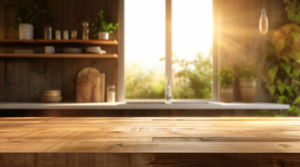 Empty Beautiful wood table top and sunlight modern kitchen interior background, Ready for product montage. - obrazy, fototapety, plakaty