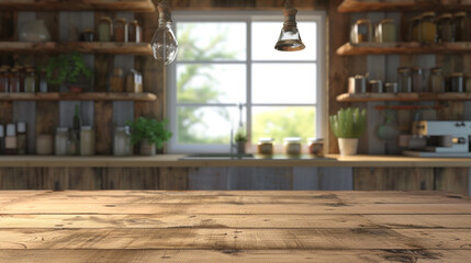Empty wooden table and blurred kitchen background, product montage display