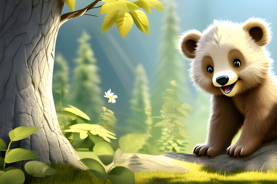  Image of a playful baby bear climbing a tree in a forest