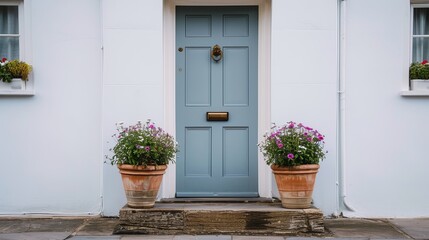 Gray front door with small square decorative windows and flower pots in front of it - obrazy, fototapety, plakaty