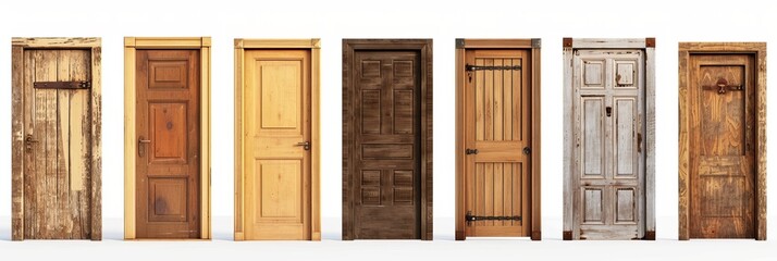 Group of wooden doors isolated on white background 