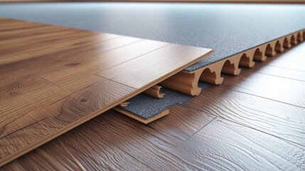Installing wooden laminate flooring with soundproofing sheets laying - obrazy, fototapety, plakaty