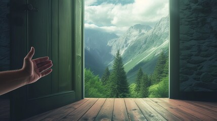 hand opens empty room door to nature and mountains