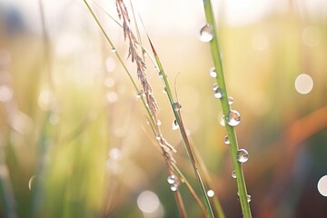 close-up of dew drops on feather reed grass blades