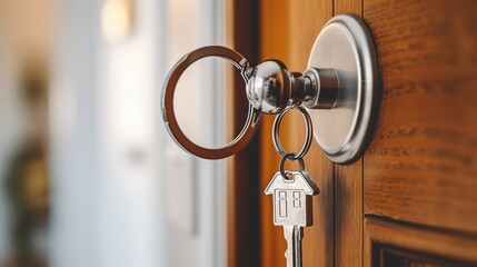 Open door to a new home with key and home-shaped keychain. Mortgage, investment, real estate, property and new home concept