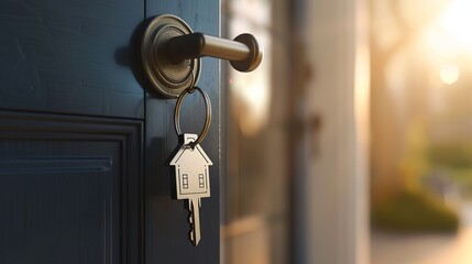 Open door to a new home with key and home-shaped keychain. Mortgage, investment, real estate, property and new home concept