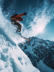 Naklejka na ściany i meble Playing snowboarder launching off in the Swiss Alps