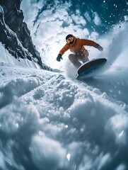 Playing snowboarder launching off  in the Swiss Alps