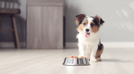 Dog with bowl in Kitchen Feed and eat Food ,Pet Shop, Pet Food