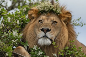 lion with a crown of jasmine looking over its domain