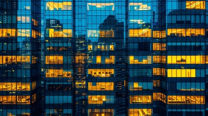 Pattern of office buildings windows illuminated at night. Lighting with glass architecture facade design with reflection urban city.