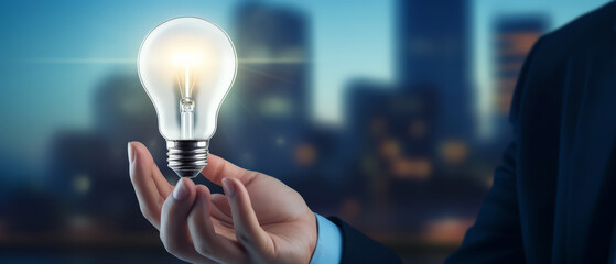  Close up Businessman hand hold light bulb having new Ideas and projects for business. concept for idea, an innovation and inspiration, cropped - obrazy, fototapety, plakaty
