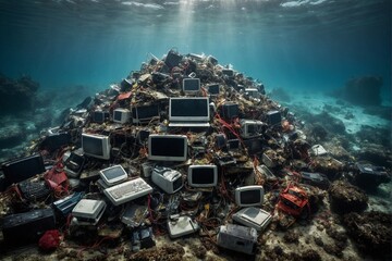 Piles of computer and electronic waste rubbed under the sea. - obrazy, fototapety, plakaty