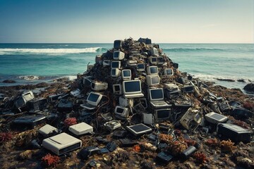 Piles of computer and electronic waste rubbed under the sea. - obrazy, fototapety, plakaty