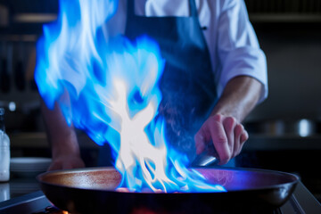 intense chef focusing as blue flames engulf a saut pan