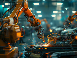 Close up of sparks fly out machine head for metal processing at the factory. Robotic production of automobile assembly parts in the welding department of an automobile manufacturing plant. Automotive 