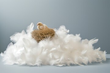 miniature nest on a pile of white feathers arranged like a cloud