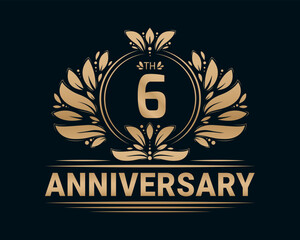 6th Anniversary Royal Golden Design. Anniversary celebration decorative illustration.