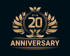 20th Anniversary Royal Golden Design. Anniversary celebration decorative illustration.