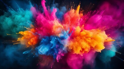 Explosion of colored powder isolated on black background, top view