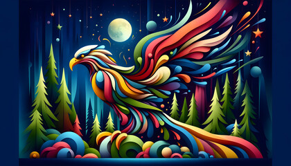 Obraz premium a colorful eagle composed of minimalistic, colorful organic forms set against a mystical forest background with stars and a moon has been created, showcasing vibrant energy and a dynamic