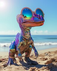 A colorful dinosaur toy wearing oversized sunglasses enjoys a sunny day on a sandy beach with a...
