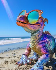 Vibrant toy dinosaur with sunglasses posing at the beach under sunny skies, whimsical and playful