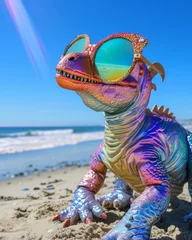 Rolgordijnen Dinosaurus Vibrant toy dinosaur with sunglasses posing at the beach under sunny skies, whimsical and playful