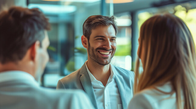 Happy multi-generational team engaging in a light-hearted conversation at work. Casual business meeting with a cheerful mature professional and young adults.