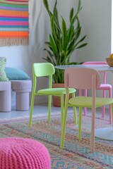 Modern bright interior design with a colorful rug, green and pink chairs, and lush plants