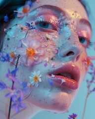 A person's face adorned with spring blossoms and delicate makeup details