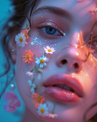 Striking portrait of a person's face with colorful summer floral makeup