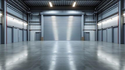 Roller door or roller shutter using for factory, warehouse or hangar. Industrial building interior consist of polished concrete floor and closed door for product display