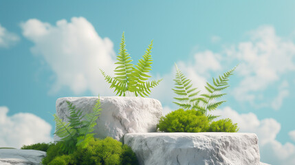 3d render White podium product stand with natural fern and moss and blue sky background for advertising banner, cosmetic, moisturizer, fragrance, Studio photo
