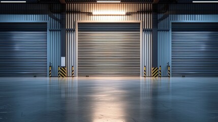Roller door or roller shutter using for factory, warehouse or hangar. Industrial building interior consist of polished concrete floor and closed door for product display - obrazy, fototapety, plakaty