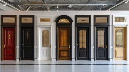 Shop window of doors. A large selection of doors for house.   - obrazy, fototapety, plakaty
