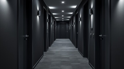 Simple clean newly built generic modern new real estate block of flats interior, long black corridor with black doors, perspective. New bought apartment,  hallway abstract concept 