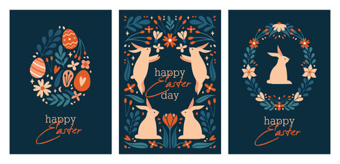 Set of cute easter cards. Happy Easter Day. Banners, flyers with ornamental frame with cartoon rabbits, bunnies, eggs, flowers, plants, leaves, berries, lettering, text, calligraphy. Flat Design. 