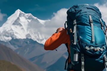 hiker adjusting straps of backpack with mountain peak in background - obrazy, fototapety, plakaty