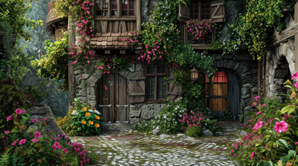 Enchanted fantasy cottage surrounded by lush garden. Fairy tale and imagination.