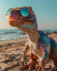 Colorful toy dinosaur model wearing orange sunglasses stands on sandy beach with ocean waves in...
