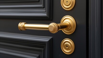 Stylish gold handle on a black door. Modern trends in interior design. Close-up.  - obrazy, fototapety, plakaty