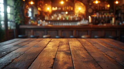 Rusty, empty wooden table. Vintage pub interior. Dark wood counter. Restaurant space. Abstract bar scene