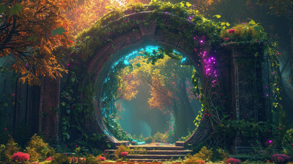 Fototapeta na wymiar Enchanted forest archway with magical glow and foliage. Fantasy and imagination.