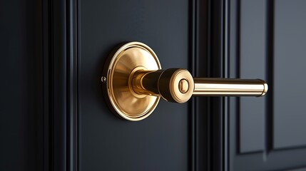 Stylish gold handle on a black door. Modern trends in interior design. Close-up.  - obrazy, fototapety, plakaty
