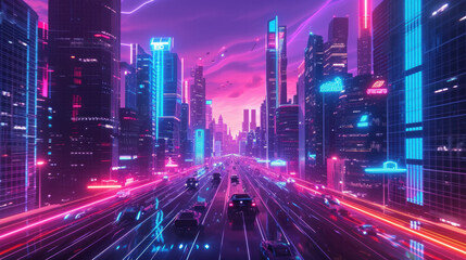 Futuristic cityscape with neon lights and modern architecture. Science fiction and future cities. - obrazy, fototapety, plakaty