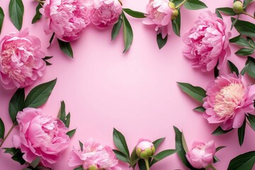 Pink peonies arranged as a frame on a matching pink background, perfect for invitations or cards