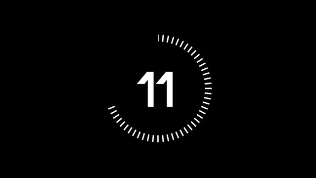15 second countdown timer animation from 15 to 0 seconds. Modern white and black countdown timer on black background and white background