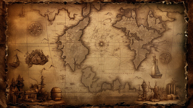 Vintage world map on aged paper with nautical details. Exploration and adventure.