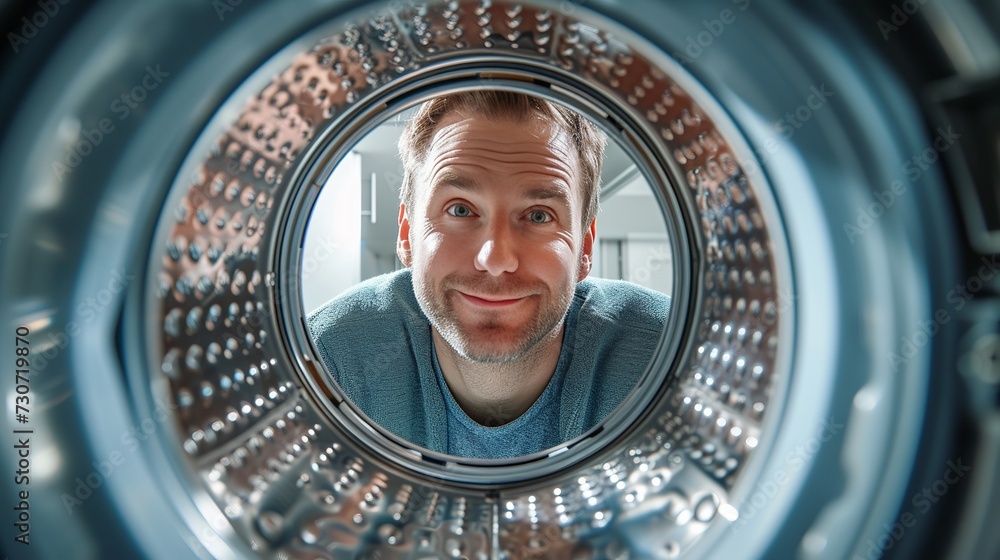 Wall mural An adult male smiling and glancing at the camera is visible from inside the washing machine.